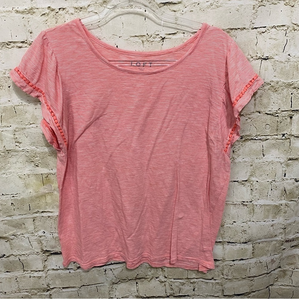 LOFT Coral White Striped Crochet Short Sleeve Cotton Top